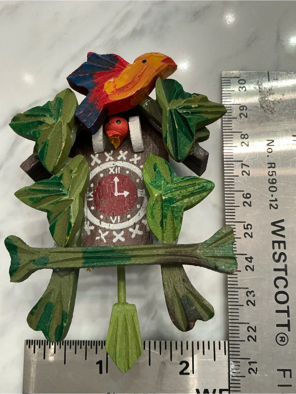 Hand-Painted Miniature Wooden Bird Cuckoo Wall Decor in Green & Red